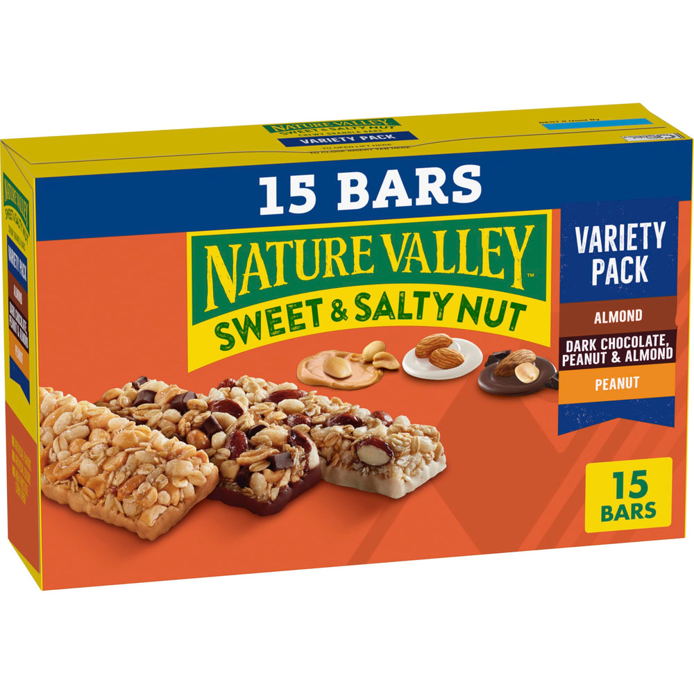 Nature Valley Sweet and Salty Nut Variety Pack box showing three flavors for easy snacking