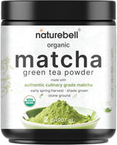 NatureBell Organic Matcha Powder in a tin, premium unsweetened flavor.