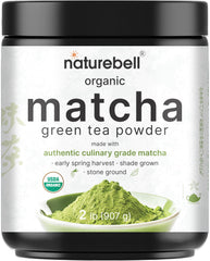 NatureBell Organic Matcha Powder in a tin, premium unsweetened flavor.