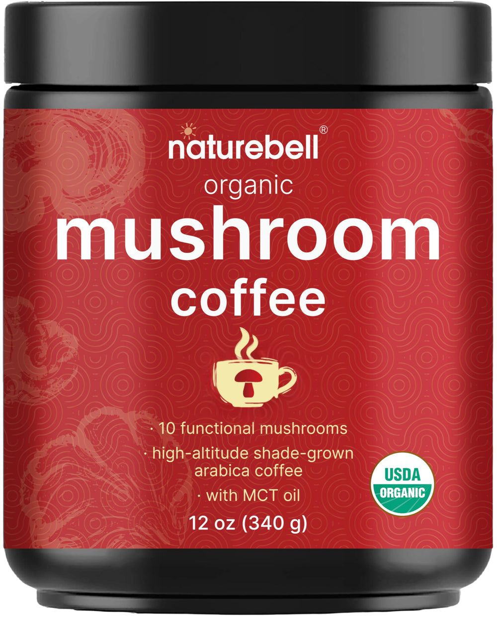 NatureBell organic mushroom coffee label with 10-in-1 blend and MCT energy