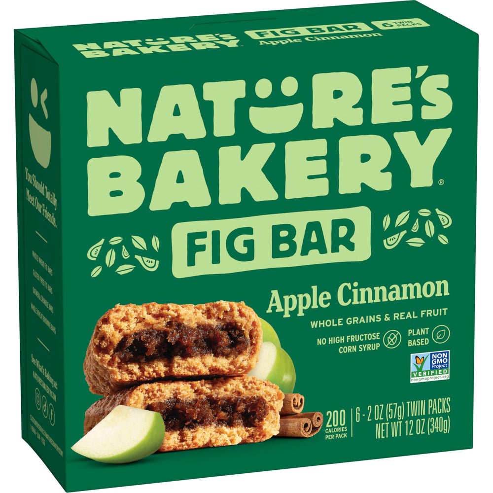 Nature's Bakery Apple Cinnamon Fig Bars pack on kitchen counter, ideal for on-the-go snacking.