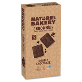 Nature's Bakery Double Chocolate Brownie Bars pack front shows 12 twin packs for on-the-go snacking.