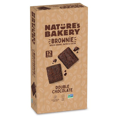 Nature's Bakery Double Chocolate Brownie Bars pack front shows 12 twin packs for on-the-go snacking.