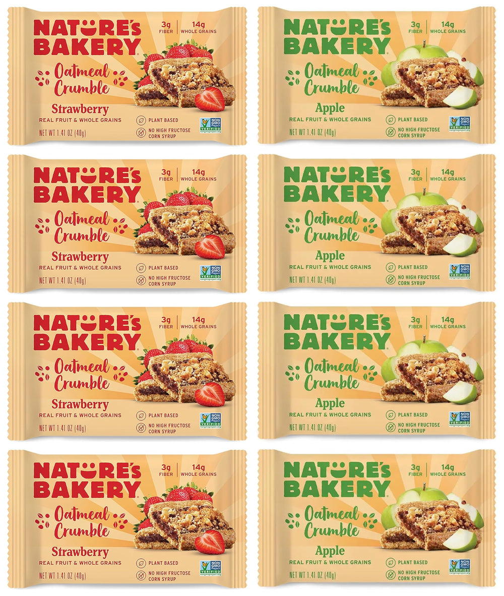 Nature's Bakery oatmeal crumble bars variety sampler packaging; convenient, on-the-go snack with real fruit and whole grains.