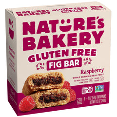 Nature's Bakery Raspberry Fig Bars box, gluten-free, grab-and-go snack.