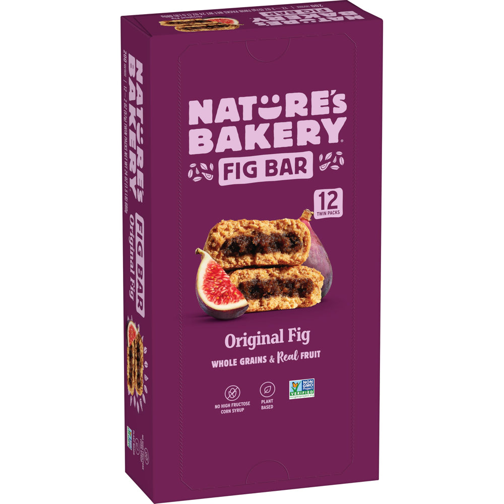 Nature's Bakery Whole Wheat Fig Bars box displaying 12 twin packs for on-the-go snacking.