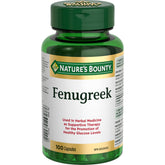 Nature's Bounty fenugreek capsules bottle on a shelf for daily wellness.