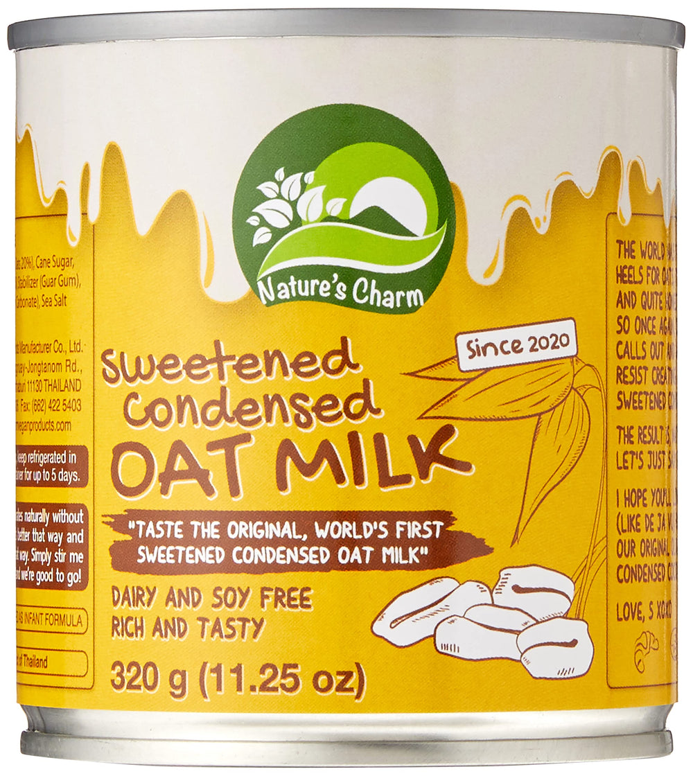 Nature's Charm Milk Oat Condensed bottle, creamy base for vegan desserts.