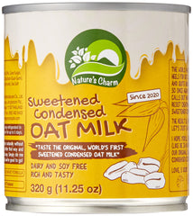 Nature's Charm Milk Oat Condensed bottle, creamy base for vegan desserts.