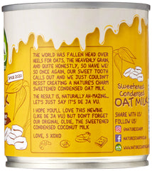 Nature's Charm Milk Oat Condensed ingredients label close-up, vegan notes.
