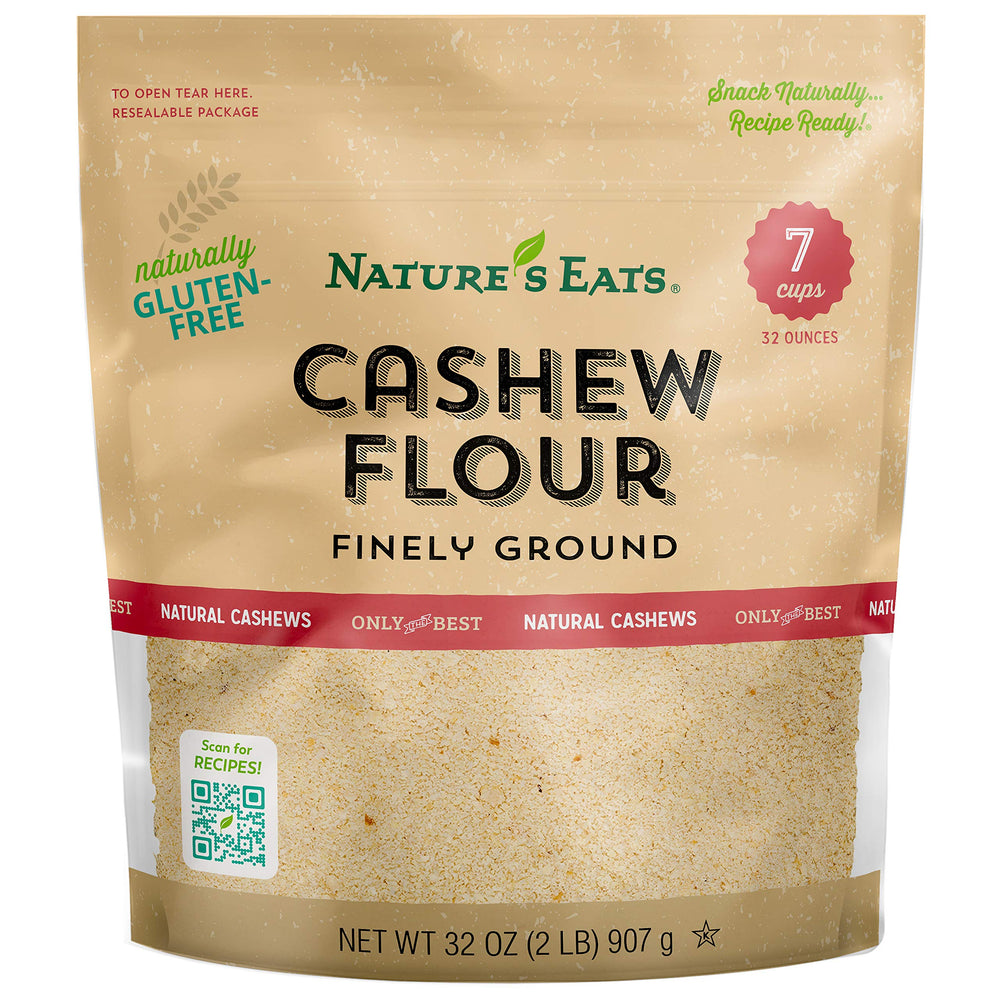 Nature's Eats cashew flour finely ground in a bag for gluten-free baking.