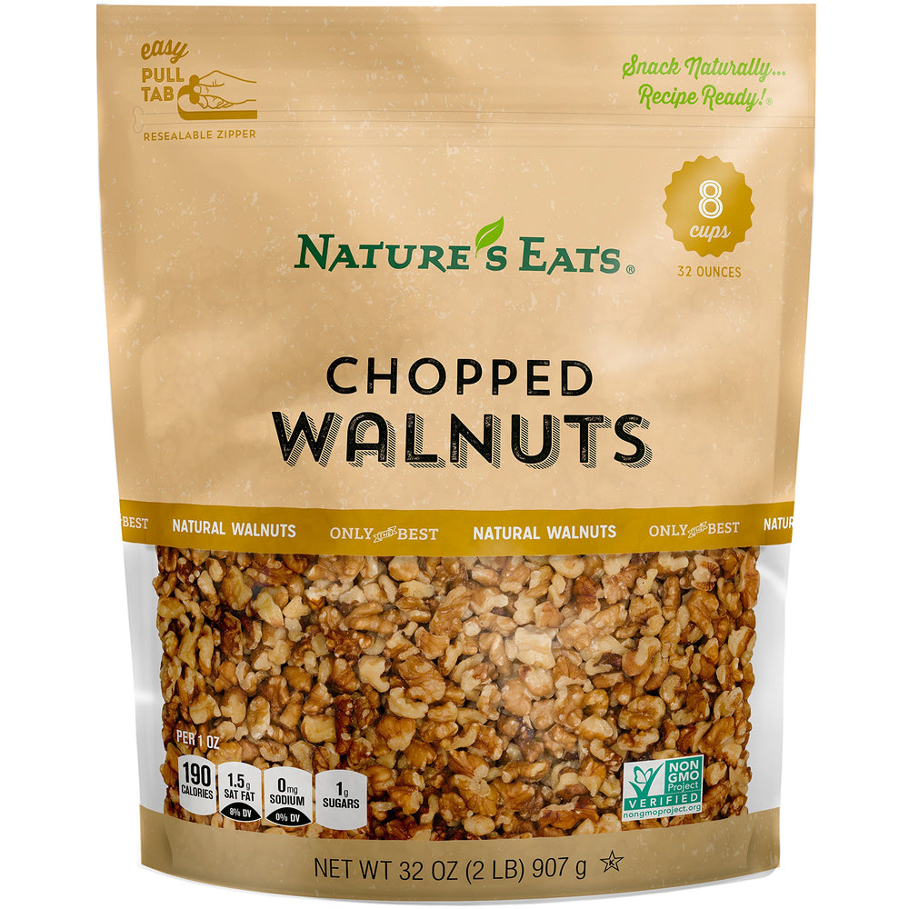 Nature's Eats chopped walnuts 32oz bag for baking and snacking.