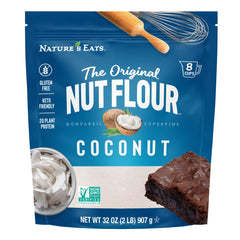Nature's Eats coconut flour 32 oz jar on countertop for gluten-free baking.