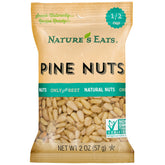 Nature's Eats Pine Nuts raw pouch close-up showing unsalted texture for pesto or salads.