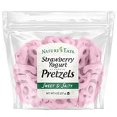 Nature's Eats Strawberry Yogurt Pretzels 8oz front view showcasing crunchy, fruity coating.