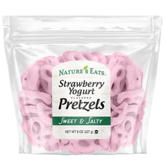 Nature's Eats Strawberry Yogurt Pretzels 8oz front view showcasing crunchy, fruity coating.