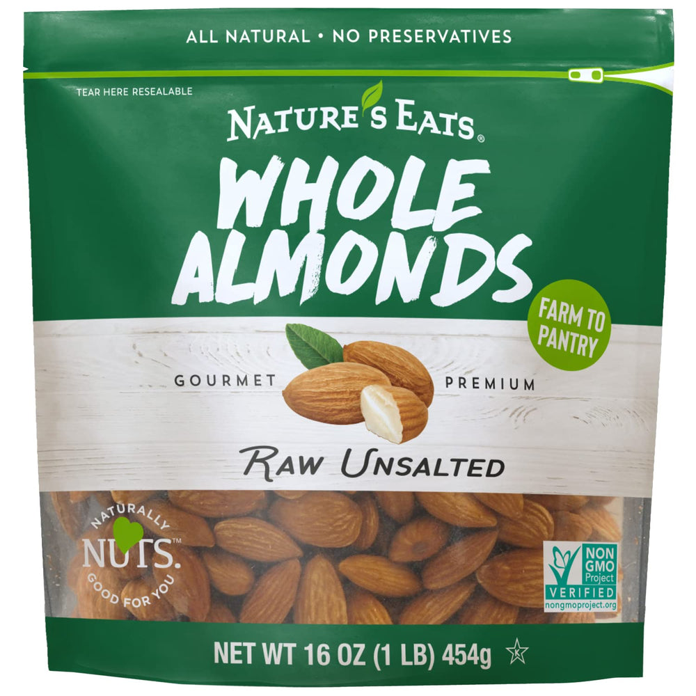 Nature's Eats Whole Natural Almonds 16oz bag for snacking and baking.