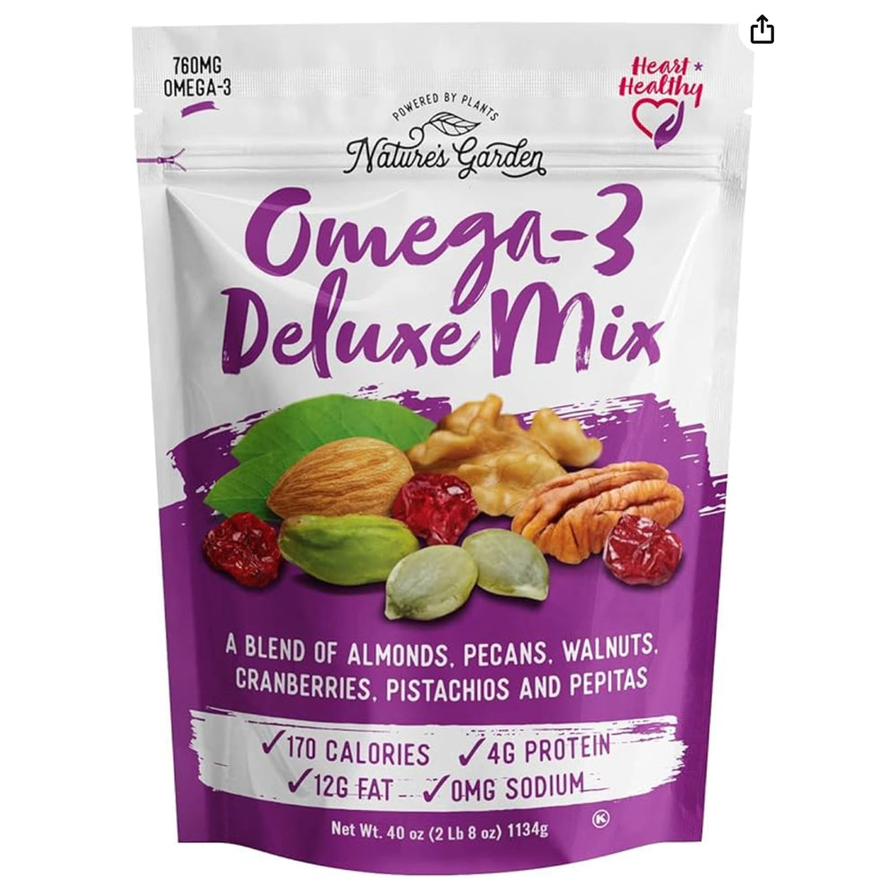 Nature's Garden Omega 3 Deluxe Mix packshot highlighting wholesome ingredients for on-the-go energy