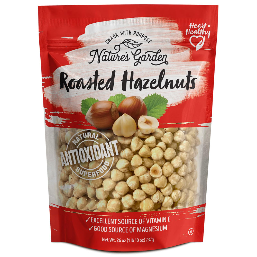 Nature’s Garden roasted hazelnuts in a 26oz bag; cholesterol-free and fiber-rich.