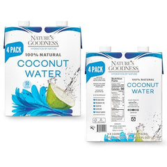 Nature's Goodness coconut water in glass, refreshing flavor with natural electrolytes