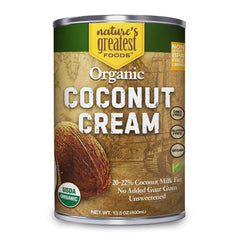 Nature's Greatest Foods Organic Coconut Cream bottle showcasing creamy texture for curries.