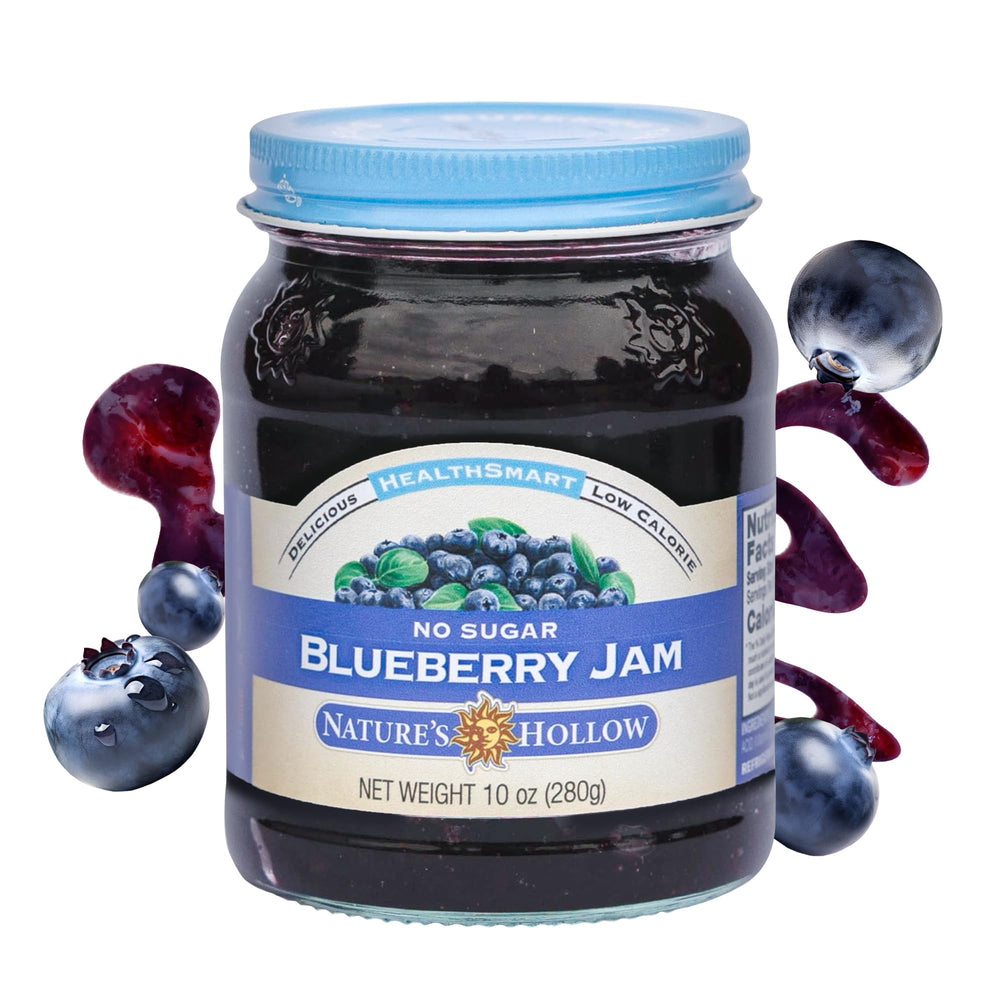 Nature's Hollow Blueberry Jam bottle highlights sugar-free flavor for keto snacking.