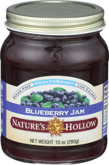 Close-up of Nature's Hollow Blueberry Jam label shows gluten-free and keto-friendly attributes.