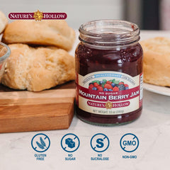Close-up of Nature's Hollow Mountain Berry Jam jar highlighting berry texture.