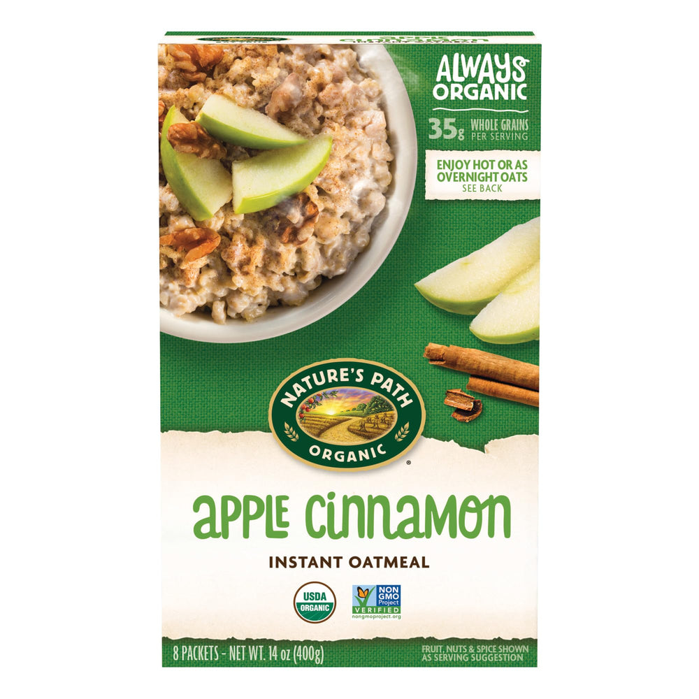 Nature's Path Apple Cinnamon Instant Oatmeal box front for a quick wholesome breakfast