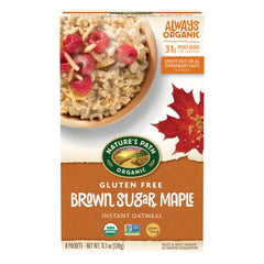 Nature's Path Brown Sugar Maple Instant Oatmeal box shows gluten-free, organic oats for a wholesome start.