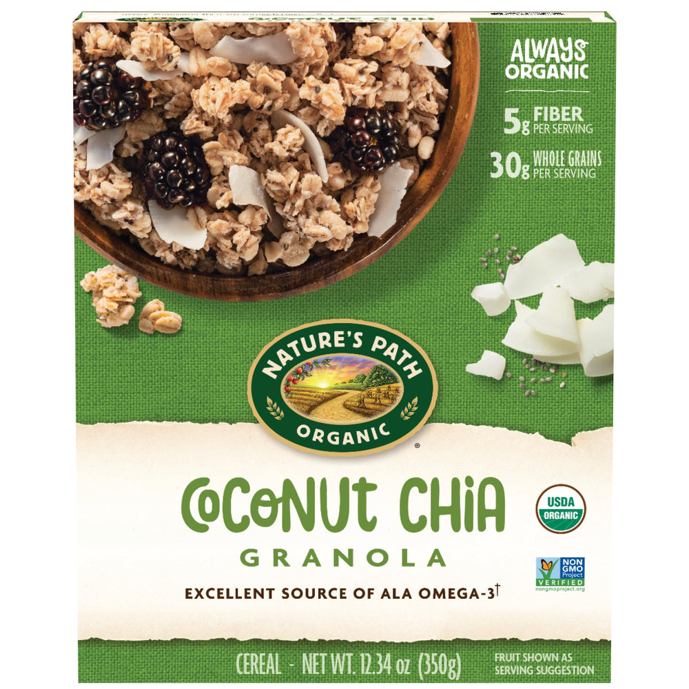 Nature's Path Coconut Chia Granola pack shot highlighting organic ingredients for a wholesome start