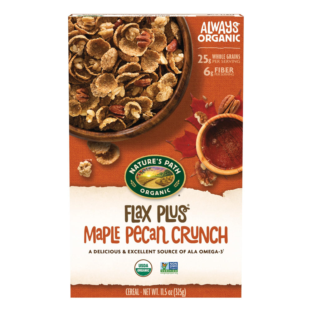 Nature's Path Flax Plus Maple Pecan Crunch cereal box showcases organic ingredients for a hearty breakfast.