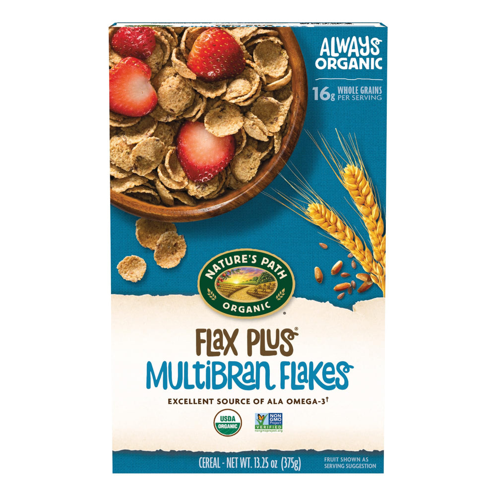 Nature's Path Flax Plus Multibran Flakes cereal box, organic and high-fiber breakfast.