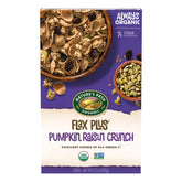 Nature's Path Flax Plus Pumpkin Raisin Crunch cereal box front highlighting organic ingredients for a wholesome breakfast.