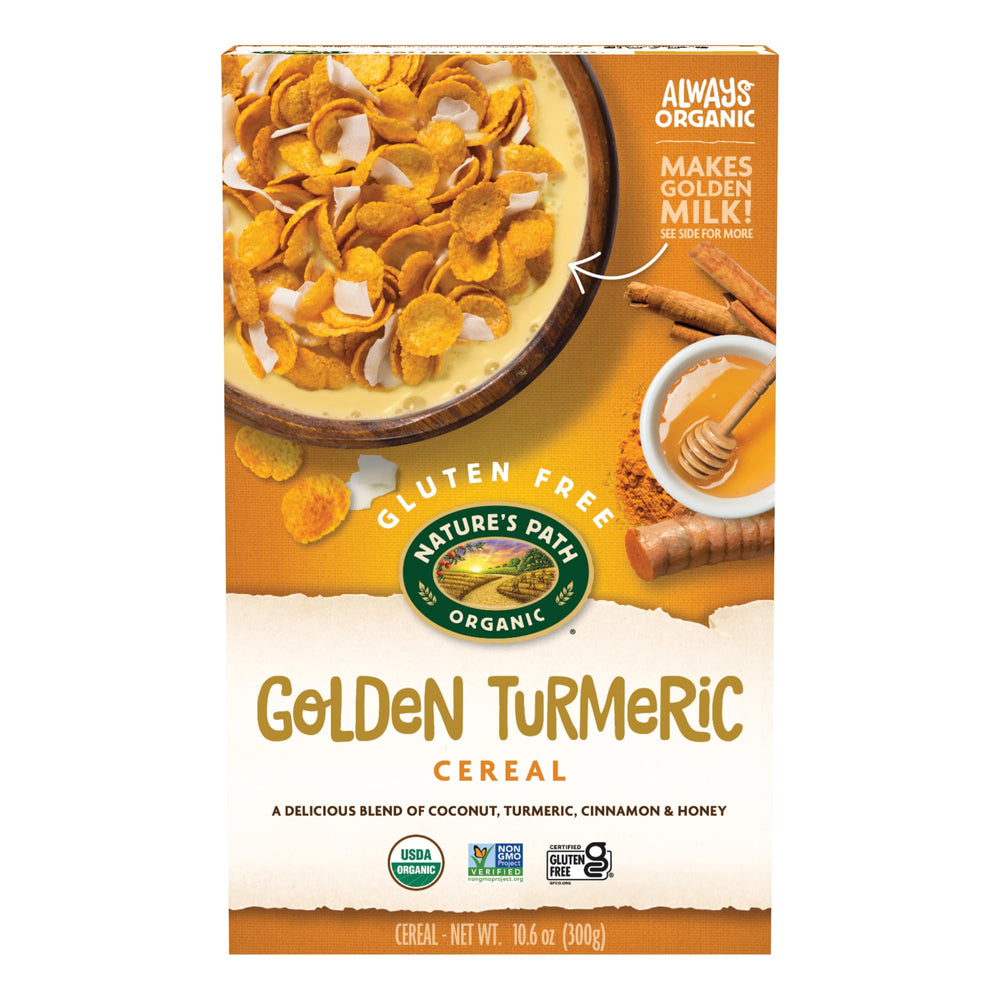 Nature's Path Golden Turmeric Cereal boxes show gluten-free, organic breakfast option