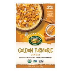 Nature's Path Golden Turmeric Cereal boxes show gluten-free, organic breakfast option