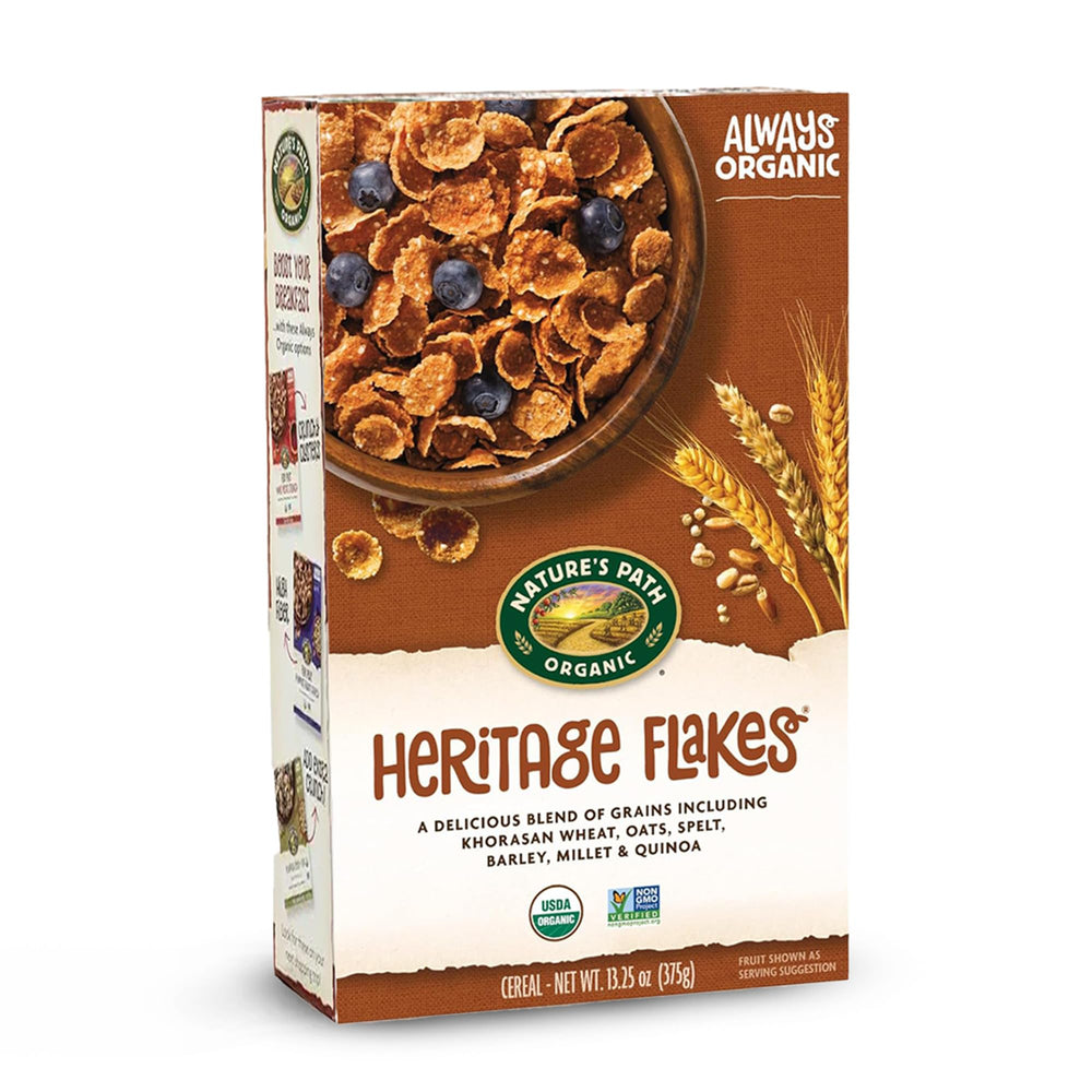 Nature's Path Heritage Flakes cereal box front, organic morning option with whole grains.