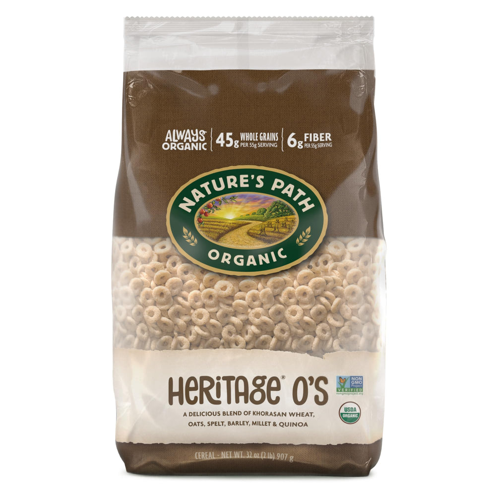 Nature's Path Heritage O's packaging in eco-friendly bag for organic breakfast