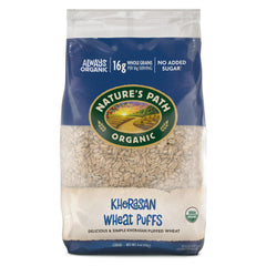 Nature's Path Khorasan Wheat Puffs in a bowl show crisp whole grain texture.