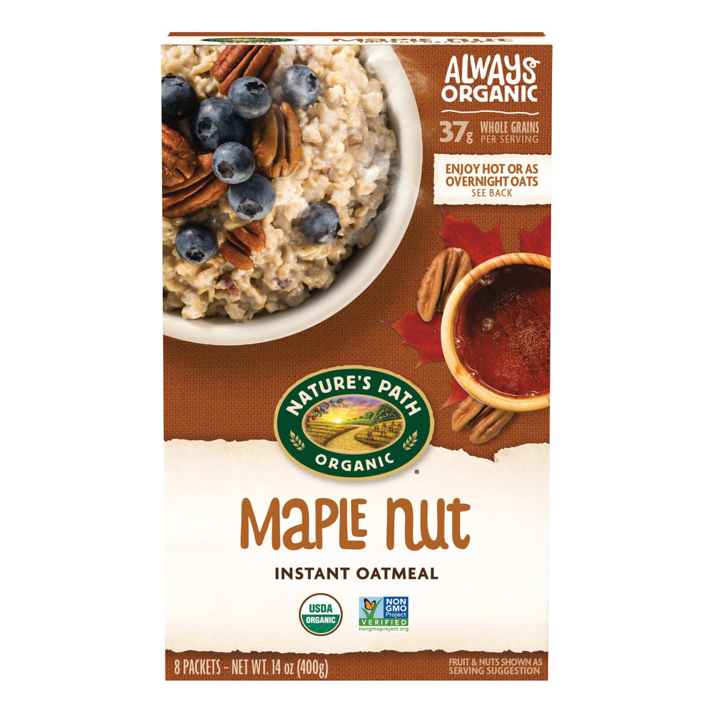 Nature's Path Maple Nut Instant Oatmeal packaging in a 6-pack, convenient for quick breakfasts