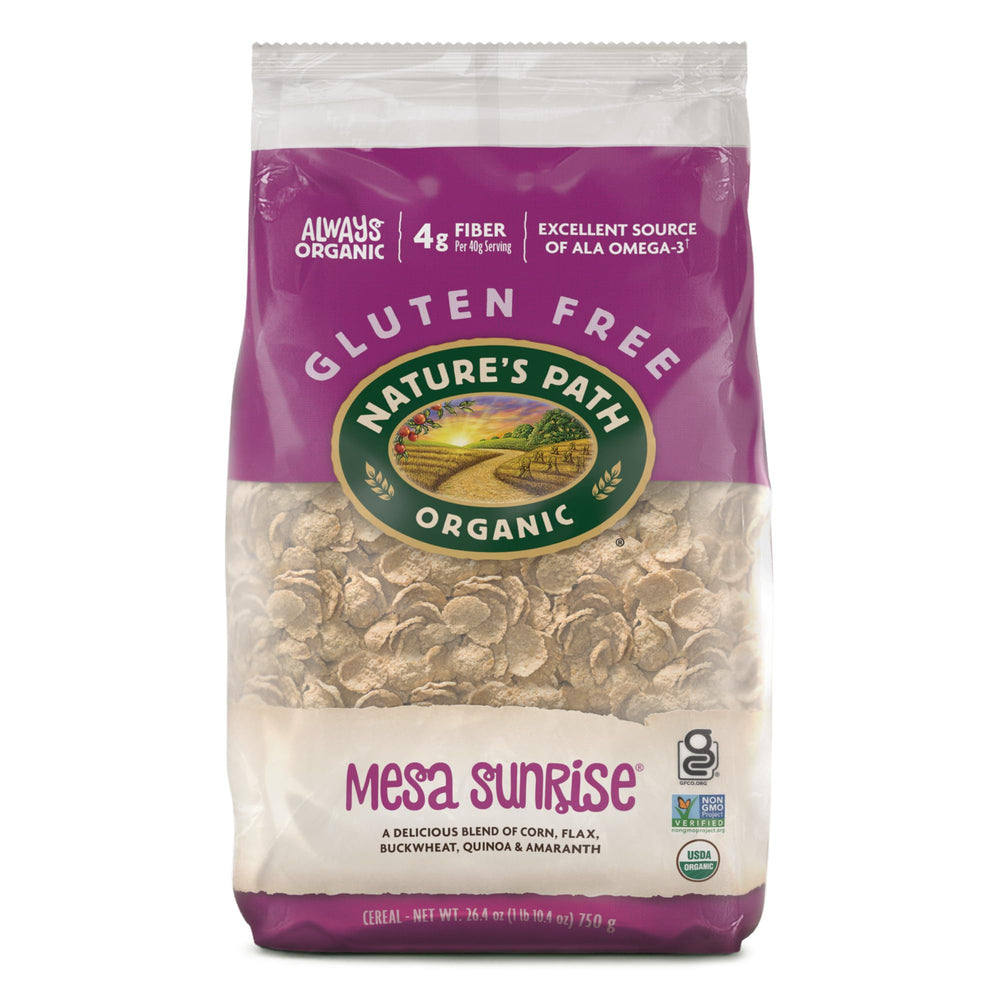 Nature's Path Mesa Sunrise cereal in a bowl with milk for a gluten-free breakfast crunch.
