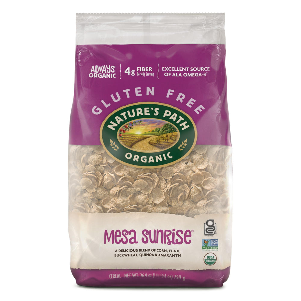 Nature's Path Mesa Sunrise cereal in a bowl offers gluten-free crunch for a satisfying breakfast.