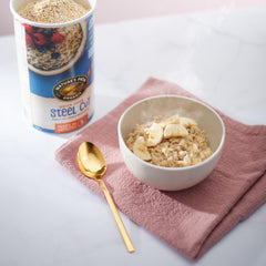 Nature's Path organic oats in a bowl highlighting wholesome fiber and flavor.