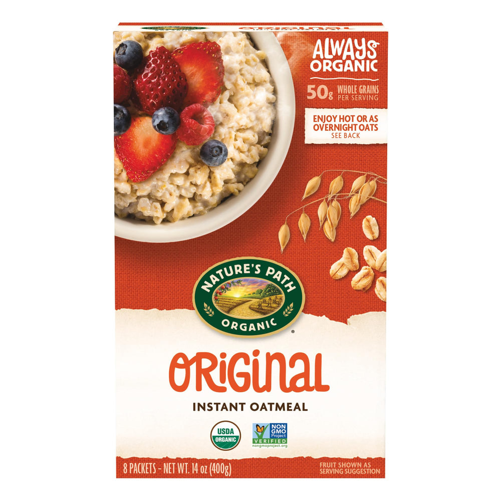 Nature's Path Original Instant Oatmeal box showing a six-pack for easy mornings.