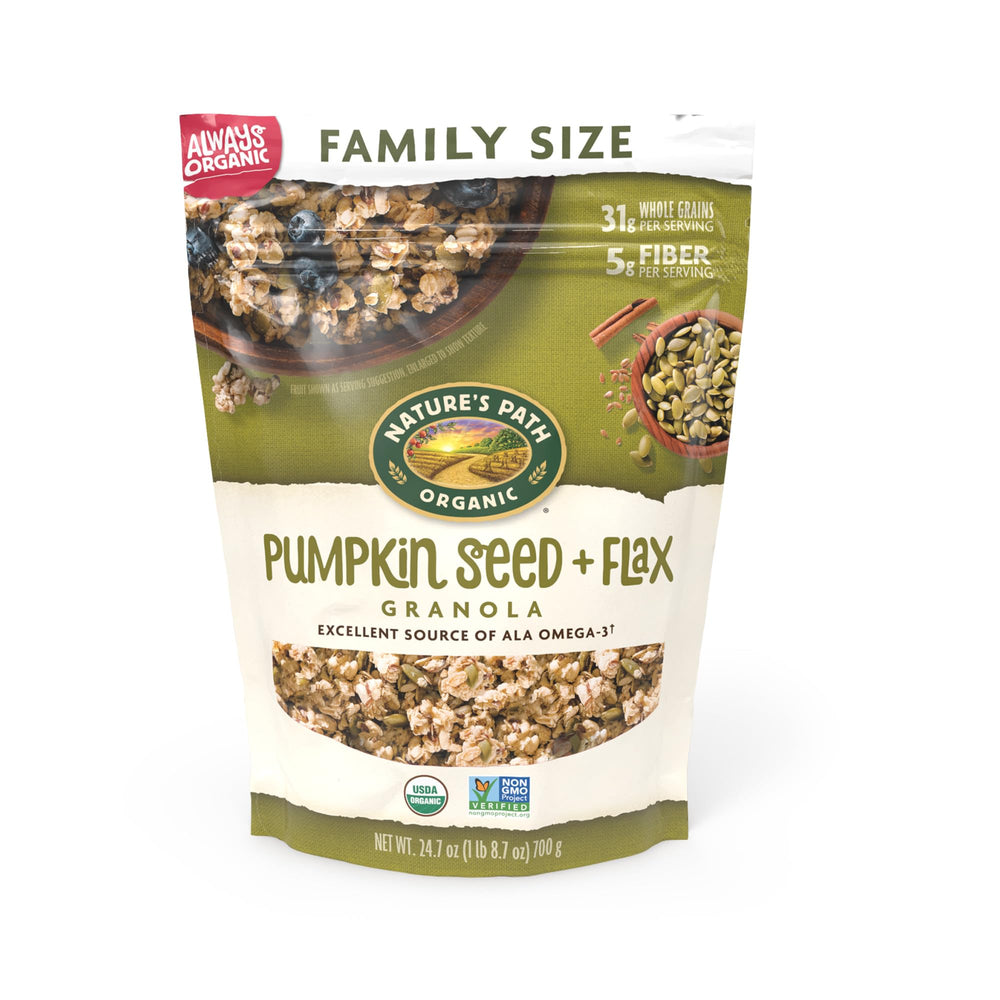 Nature's Path pumpkin-seed flax granola 6-pack packshot highlighting organic, non-GMO breakfast option.