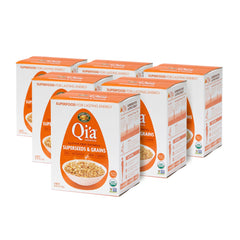 Qi'a nutrition panel emphasizes 6 g protein per serving and fiber.