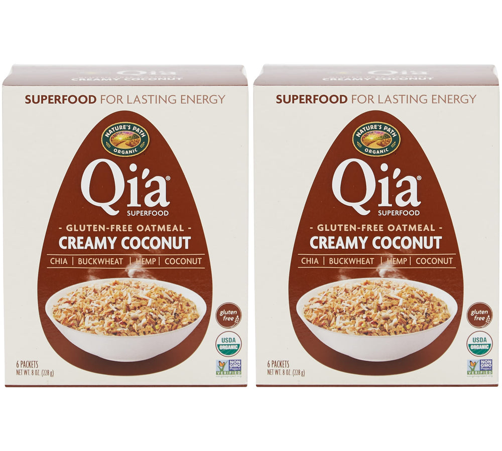 Nature's Path Qi'a Creamy Coconut oatmeal box front, ready for a quick breakfast.