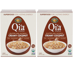 Nature's Path Qi'a Creamy Coconut oatmeal box front, ready for a quick breakfast.