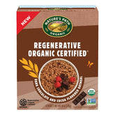 Nature's Path regenerative dark chocolate oatmeal pack highlights organic ingredients for mindful mornings.
