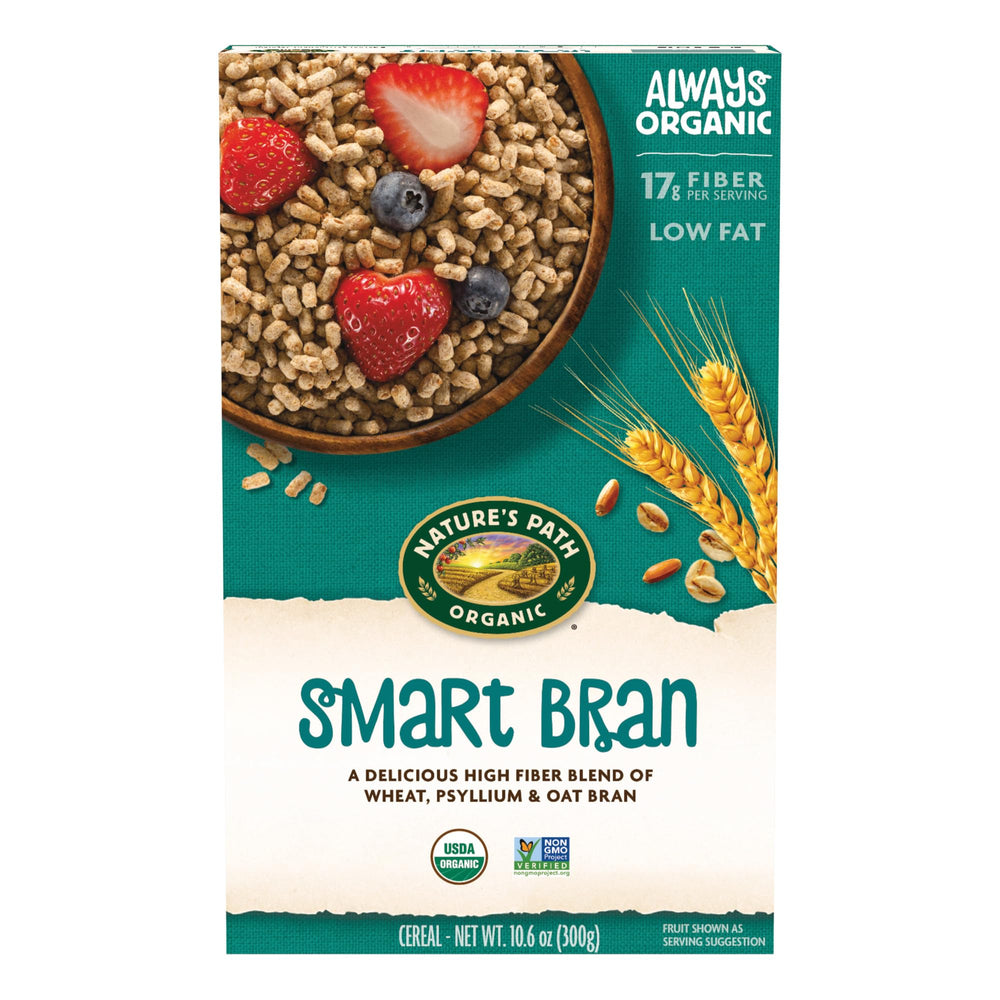 Nature's Path Smart Bran cereal packaging highlights organic, non-GMO formula for a wholesome breakfast.